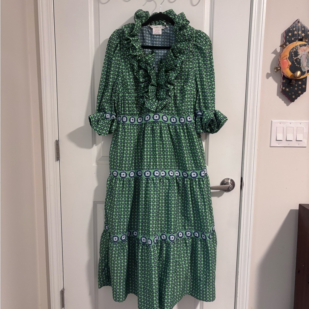 Gretchen Scott Designs Posh Foulard Midi/Maxi blue and green ruffle neck dress - Picture 4 of 6